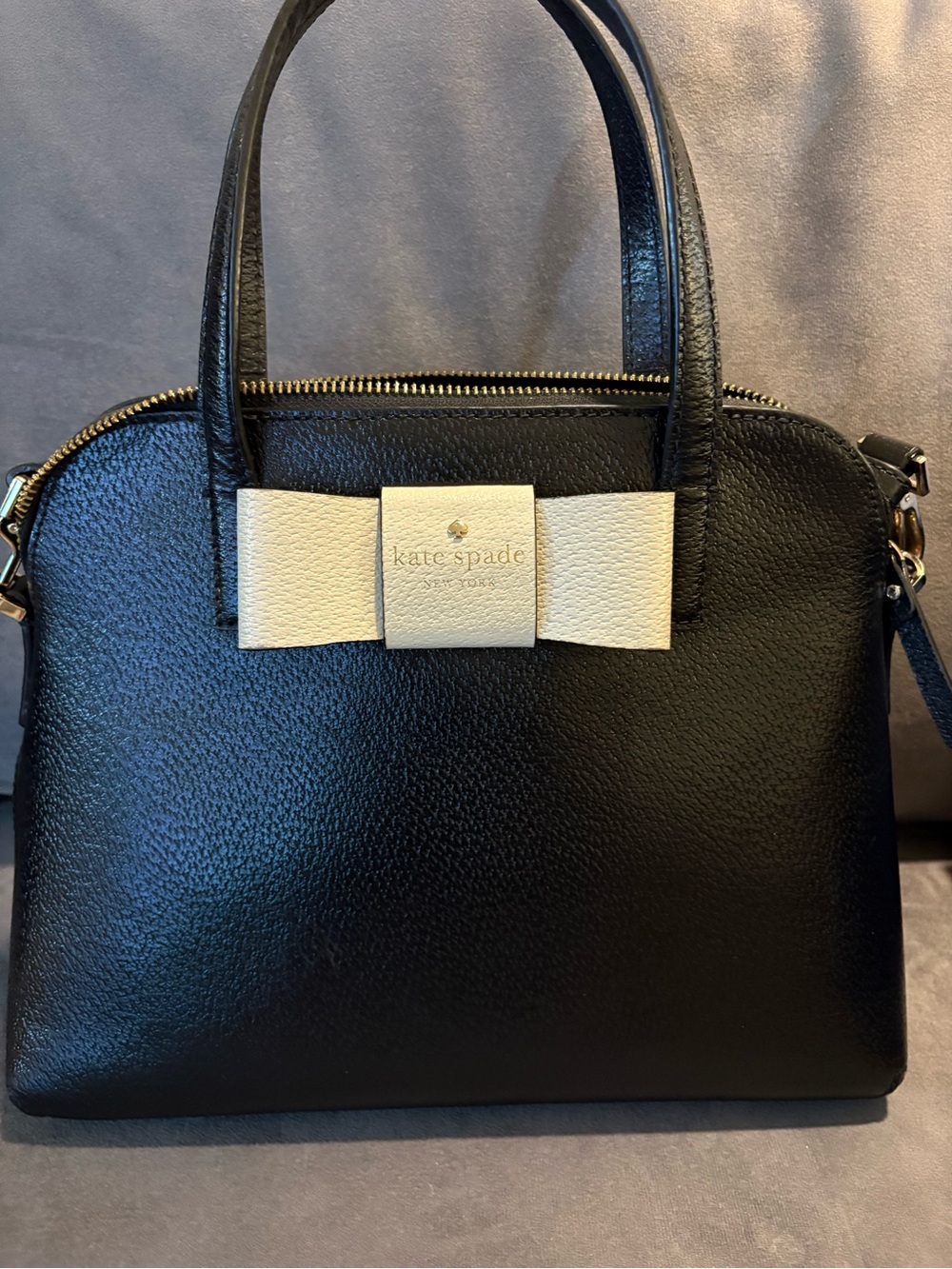 kate spade Black Leather Satchel with Cream Bow Accent